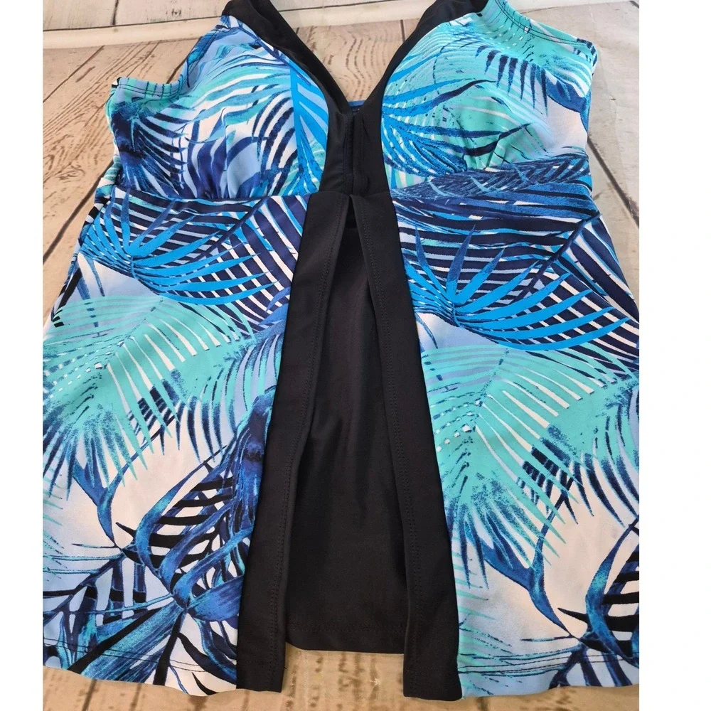 Ceeb Womens Tropical Palm Leaf Tankini Swim Top Blue Turquoise